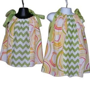 LOVIN EWE Dresses, 3T/12M Matching Pillowcase, Green Ribbon, Chevrons, Lot of 2